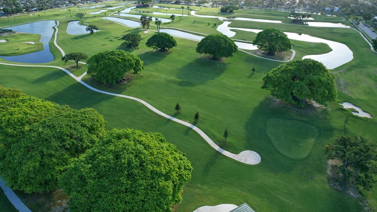 Aerial view of the fairways, lakes and cart paths at Hollywood Beach Golf Club